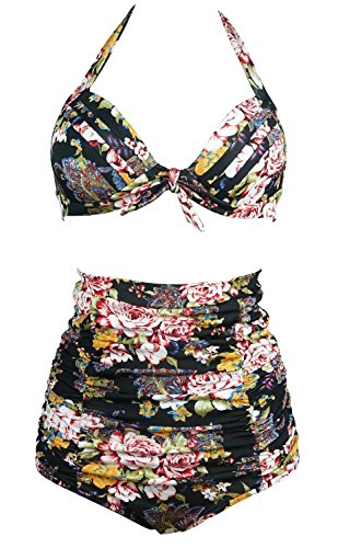Indrah Women's Vintage High Waist Nations Wind Bikini Swimsuit Set Swimwear