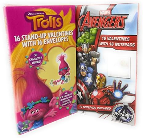Happy Valentine's Day 16 Stand Up Cards Trolls with Marvel Avengers Bundle