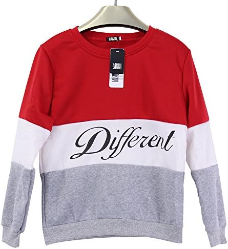 LAISIYI Autumn Fleece Letter Different Print Casual Sweater Mix Color Pullover RedGray XL