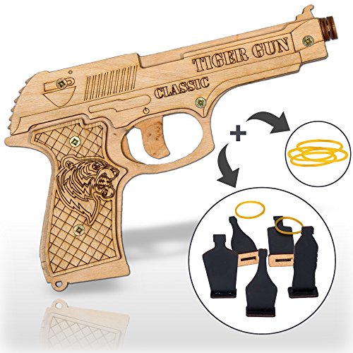 Rubber Band Gun Toy Pistol for Kids Age 6 and up with Ammo and Targets for Indoor Outdoor Games and Pretend Play | Wooden Toy Gun That Shoots for Boys and Adults | Tiger Gun Classic