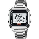 zolohoni Mens Digital Watch for Men, Stainless Steel Square Watches, Digital Wrist Watches Waterproof Dual Time Date Watch
