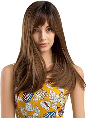 Topwigy Women Brown Wig Dark Roots Synthetic Wigs With Bangs Long