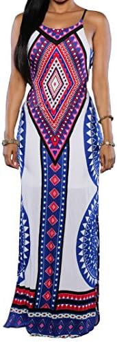 Women's Sexy Aztec Print Spaghetti Strap Backless Long Maxi Dress
