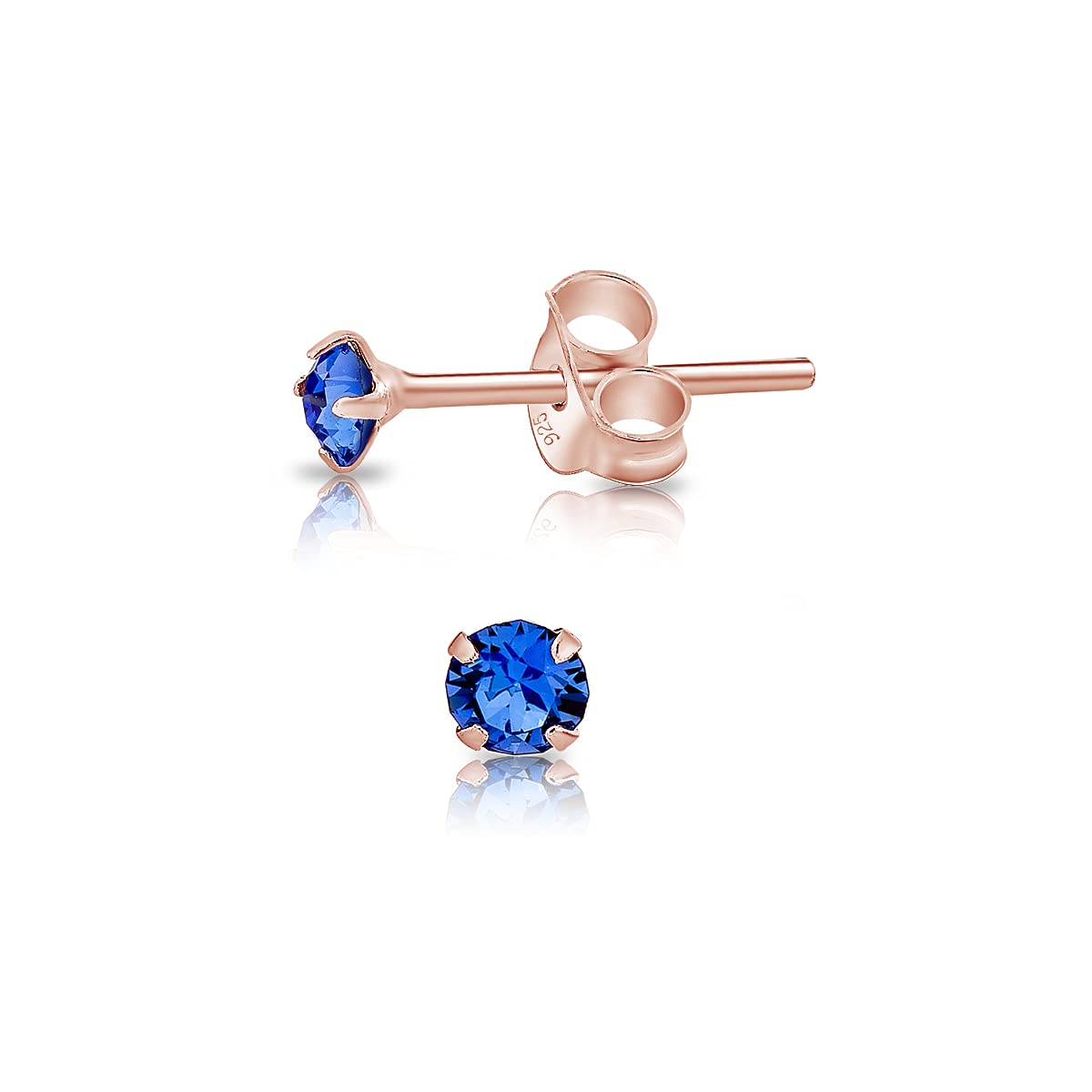DTPSilver - 925 Sterling Silver Rose Gold plated Round TINY Stud Earrings made with Glittering Crystals from Swarovski® Elements - Diameter: 3 mm - Colour : Blue Sapphire
