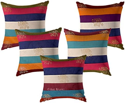 Osian Krafts Polydupion Elephant Gold Hand Block Printed Multicolor Assorted Patchwork Ethnic Home Decor 16x16 Inch Pillow Cushion Cover Set of Five, Multi