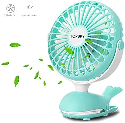 TOPBRY Baby Stroller Clip Fan, Portable Battery Powered Quiet Desk Fan with 5 Blades Cute Whale Design for Baby Stroller Office Travel (Green)