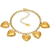 Kokoma Gold-Tone Heart Charm Bracelet for Women, Stainless Steel Link Chain Chunky 5 Heart Pendants Tassel Dangling Bracelet Valentine Jewelry