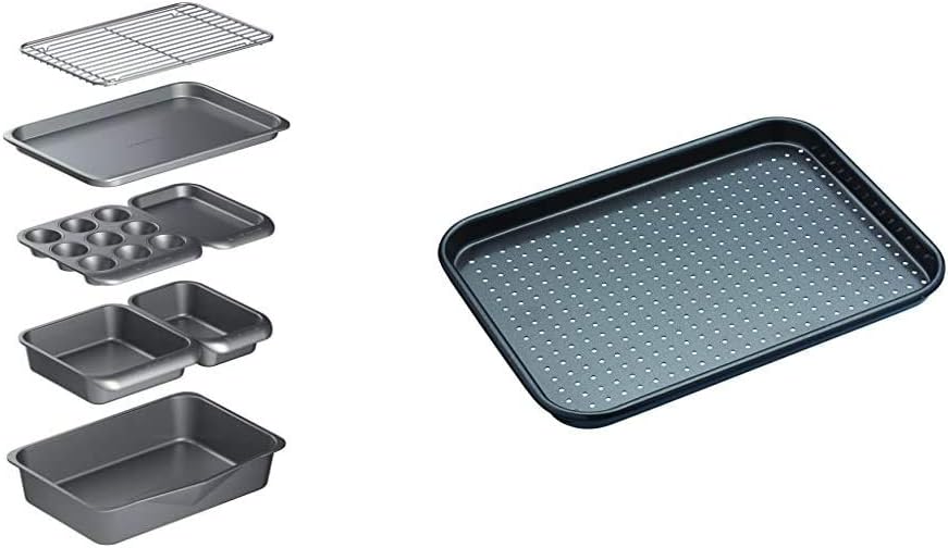 MasterClass Smart Space 7 Piece Stackable Bakeware Set & Crusty Bake Perforated Baking Tray with PFOA Free Non Stick, Robust 1 mm Carbon Steel, 24 x 18 cm