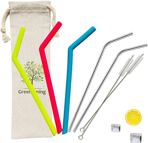 Silicone straw 3 Rainbow Color Straws + 2 Stainless Steel Straw with 2 Straw Brush, Reusable Straw For 30oz, 20oz Tumbler, Yeti cup with straw carry bag case