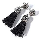 Women's Dangle Drop Short Tassel Earrings with Shell Pearl Black Rhinestone Top