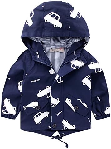 Baby Boys Casual Car Printed Long Sleeve Jacket Toddler Zipper Windbreaker Cotton Sweatshirt With Front Pockets Navy