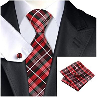 Red Darkred Plaids Classic Silk Necktie Tie Hanky and Cufflinks Set For Men