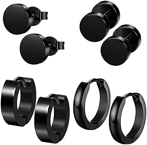 City Pierce Earrings Set Black Hoop Huggie Fake Stud Men Women 18G Jewelry 4 Pairs