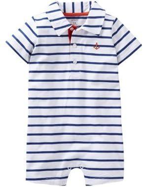 Short Sleeve Polo Style Blue Striped Anchor Romper