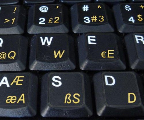 TURKISH Q KEYBOARD STICKERS WITH YELLOW LETTERING ON TRANSPARENT BACKGROUND