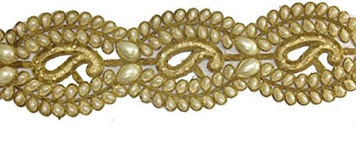 Sharadas Home 9Mtr Broder Trim Cutwork Lace Cream Gold