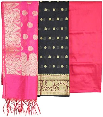 Weaves of Tradition Women's Banarasi Silk Cotton Salwar Suit Material with Pink Ethnic Motifs Dupatta (Black)