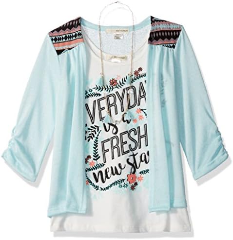 Self Esteem Big Girls' 3/4 Sleeve Cozy With Aztic Shoulder Trim and Necklace, Heavenly Aqua, S