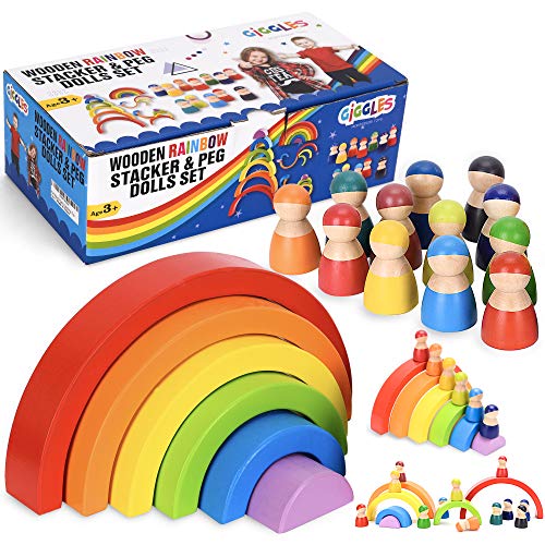 Wooden Rainbow Stacking Toy Playset 6 Colorful Stacking Blocks & 12 Wooden People, Rainbow