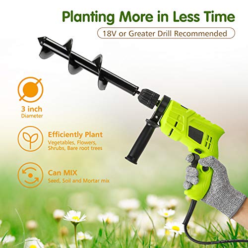 Oak Leaf Auger Drill Bit, 3" x 12" Garden Auger Bit Flower Planting Bulb Auger, Post or Umbrella Hole Digger For 3/8" Hex Drive Drill, Bonus Cut Resistant Gloves (Large Size)