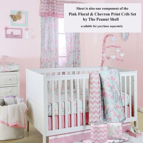 image for The Peanut Shell Pink, Green, Purple, Grey Floral Print Fitted Crib Sh