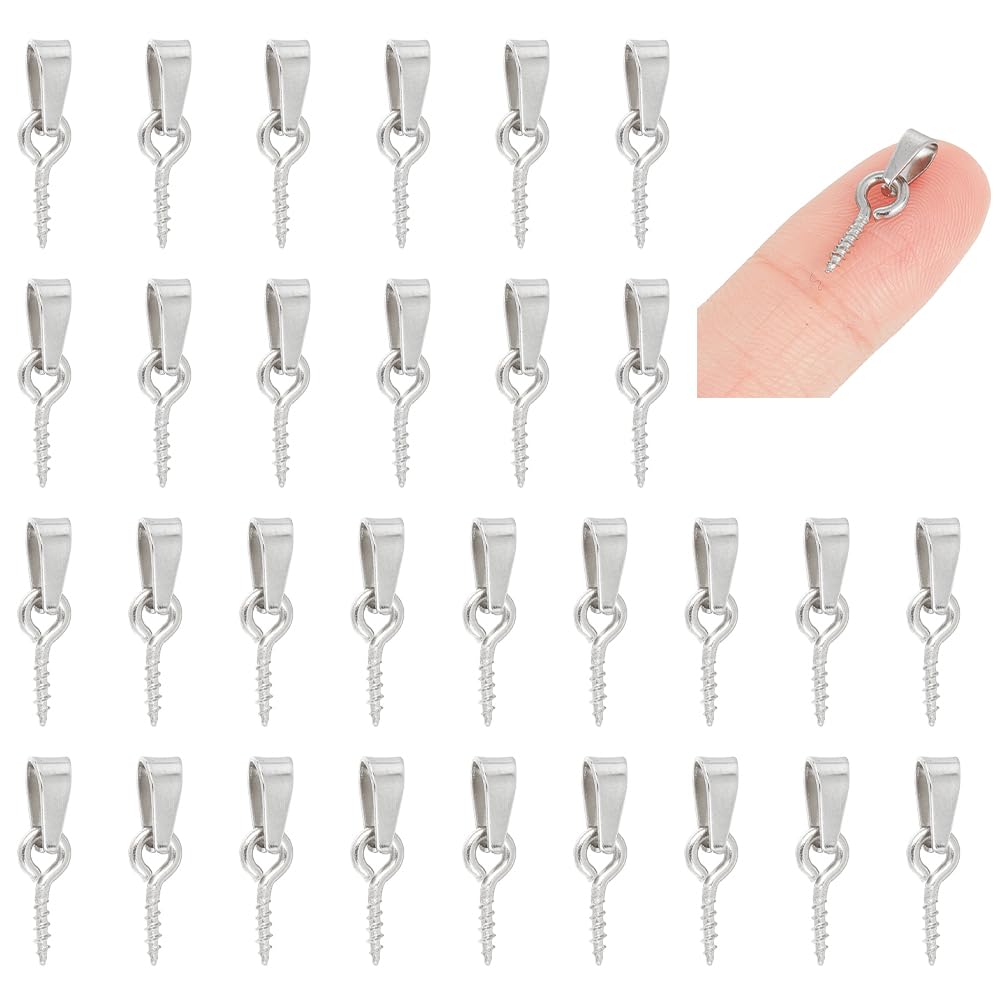 UNICRAFTALE 50pcs Stainless Steel Screw Eye Pins with Pinch Bails Metal Screw Eye Peg Bails Pendants Eye Pin Eyelet for Half Drilled Beads Charm Cork Top Bottles DIY Jewelry Making