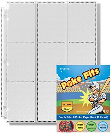 JAPAN QUALITY- Poke Fits Non Slip Sports Trading Card Protectors Clear (25 Count) Double Sided 9 Pockets Page (Total 18 Pockets for a sheet) For Collecting Card Binder