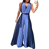 CHICME Women's Sleeveless Colorblock Jumpsuit Casual Plunge V Neck Waist Tied Detail Pleated Romper