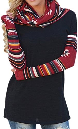 Nilover Women Girls Winter Autumn High Collar Tops Turtleneck Strips Sleeves Patchwork Black Pullovers Outwear Jumper