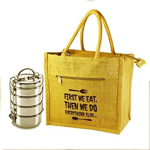 Premium Jute Lunch Bag for Office Womens | Mens | Girls | Boys | Kids School | Tote Bags with Zip Closer for Multi-Purpose by crack4deal (Big Size - 11 x 6 x 10 Inch)
