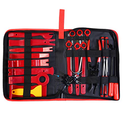 manfiter 148Pcs Trim Removal Tool, Pry Kit Car Panel Tool Radio Removal Tool Kit, Auto Clip Pliers Fastener Remover Pry Tool Kit, Car Upholstery Repair Kit, Prying Tool Kit with Storage Bag (Red)