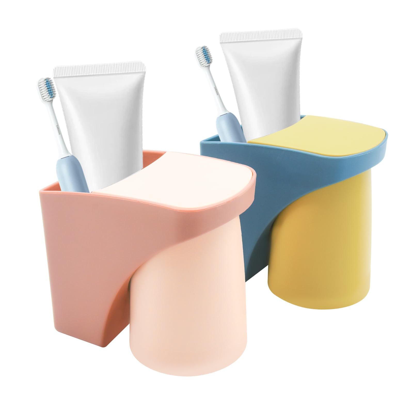 Surplex Wall Mounted Toothbrush Holder for Bathrooms with Magnetic Cup, Tooth Brush Holder Wall without Drilling, Pack of 2 Electric Toothpaste Holder for Family (Yellow + Pink)