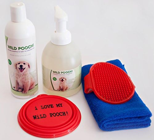Natural Dog Shampoo and Foaming Bathless Shampoo plus bath brush, microfiber towel, and collapsible bowl