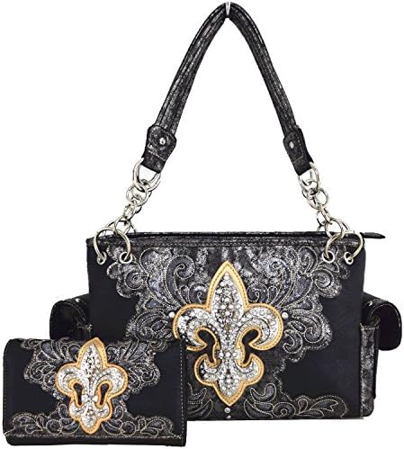 Western Cowgirl Concealed Carry Country Fleur De Lis Purse Handbag Messenger Shoulder Bag Wallet Set BLK