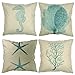 Luxbon Set of 4Pcs Nautical Decor Seaside Themed Cotton Linen Light Green Seahorse Coral Starfish Seaweed Throw Pillow Cases Sofa Couch Chair Decorative Cushion Covers 18