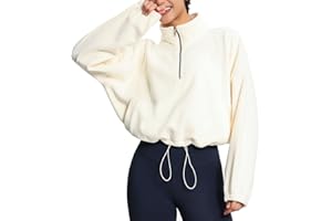 THE GYM PEOPLE Women’s Half Zip Crop Pullover Sweatshirt Fleece Loose Fit Workout Tops with Pockets Drawstring Hem