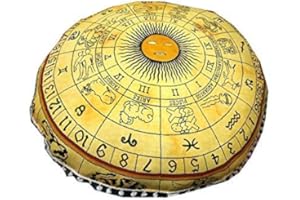 CRAFT KALA 32" in Round Mandala Floor Pillow Cushion Cover Seating Throw Cover Hippie Decorative Bohemian Ottoman Poufs Pillow Cases Boho Cotton Living Yoga Home Décor Yellow Zodiac