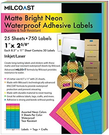 Milcoast Bright Neon Matte Waterproof Tear Resistant Address Labels - 1" x 2-5/8" for Inkjet/Laser Printers - 5 Color Pack - 750 Labels (25 Sheets)