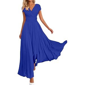 Coal2ToalPW V Neck Short Sleeve Maxi Dress Women Solid Chiffon Waist Tie Back Zipper Elegant Flowy Evening Cocktail Dress