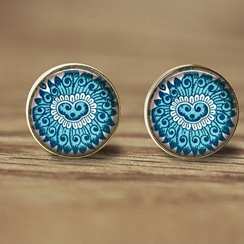 Blue Tiny Flower Studs Earrings,Art Flower Picture,Vintage jewellery,Glass Earrings,Glass Round Silver Earrings,Glass Dome,Alloy Products,