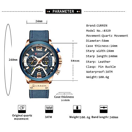 Men’s Sport Chronograph Wristwatch Military Casual Waterproof Blue Leather Watch for Men with Date Display …