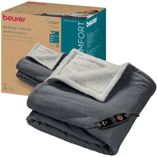 Beurer HD 80 Electric Blanket, Soft Corduroy, 6 Temperature Levels, Automatic Shut-off Mechanism and Safety System, Machine Washable, 180 x 130 cm, Grey