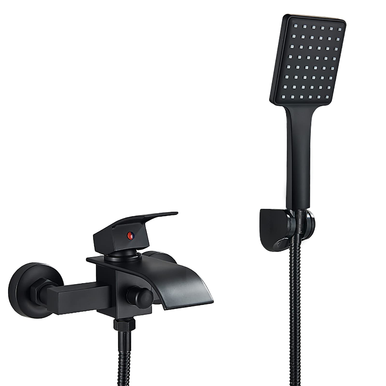 Waterfall Bathtub Faucet Matte Black Brass Bathtub Tap Single Handle Hot and Cold Tub Faucet Wall Mounted Bathroom Bathtub Mixer Tap with ABS Handheld Shower Bathtub Filler Mixer Tap