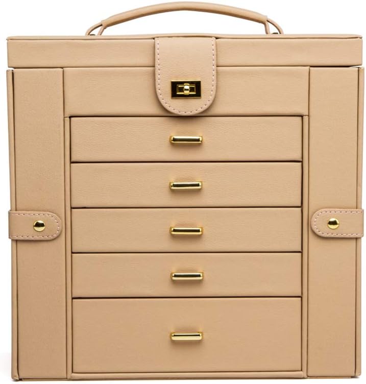 DQM Multi-functional 6 layers Jewelry Box, Large Cabinet Faux Leather Storage Case Organizer with Lock and Mirror with handles, for rings, earrings, necklaces