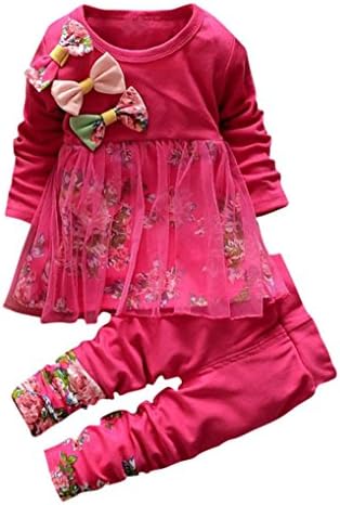 Nicerokaka Toddler Girls Floral T-shirt Dress + Pants Outfits Set (12M, Hot Pink)