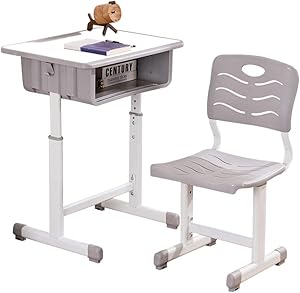 Kids Desk and Chair Set Height Adjustable Ergonomic Children Sturdy Table, Childs Study School Desk Kids Art Writing Desk (White Paint Desktop)