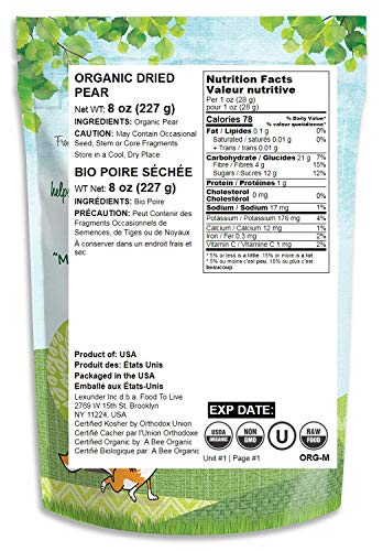 Organic Pears, 8 Ounces - California Sun-Dried Pear Halves, Non-GMO, Unsulfured, Unsweetened, Non-Infused, Non-Oil Added, Non-Irradiated, Vegan, Raw, Bulk