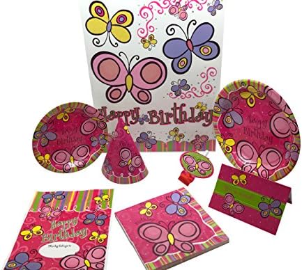 Girls Birthday Party Supplies Kit-Pink Butterfly-Decoration and Supplies-Includes Invitations, Plates (2 sizes), Luncheon Napkins, Party Hats, Loot Bags, Blowouts, and Window Clings-MEGA 65 PIECE KIT
