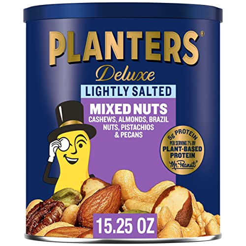 PLANTERS Deluxe Lightly Salted Mixed Nuts, Party Snacks, PlantBased Protein 15.25oz (1 Canister