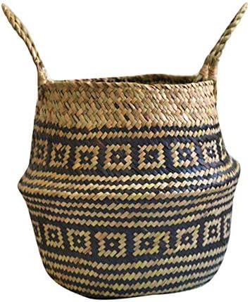 NIHAI Wall Flower Basket Natural Seagrass Wicker Basket Flower Pot Folding Basket for Storage Plant Pot Cover Dirty Basket (Not Include The Flower) (B)